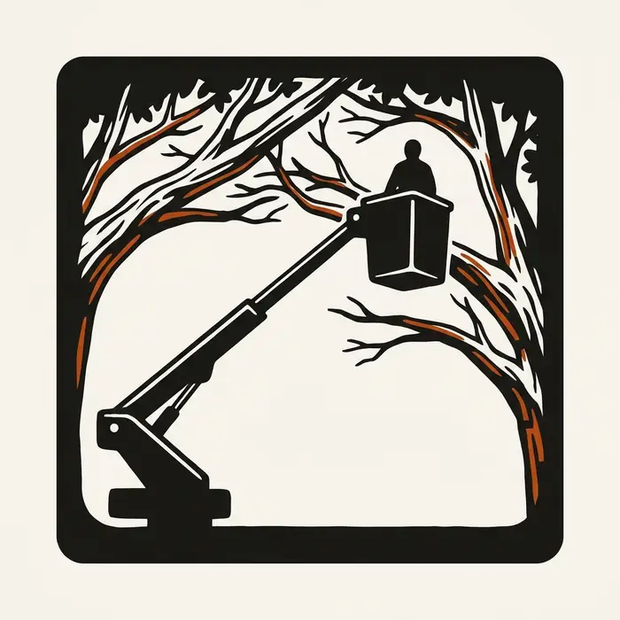 Illustration of a lone silhouette in a bucket truck basket, raised into a tree canopy.