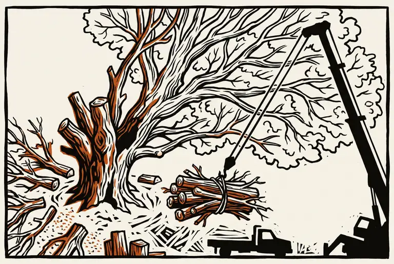 Illustration of a large tree canopy with about a third already cleared, a crane arm and taut rigging cable reaching in from the side.