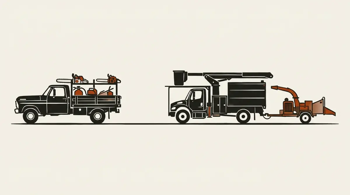 Illustration transitioning from an older pickup truck with a chainsaw rack into a modern bucket truck and wood chipper, no vehicle branding or plates visible.